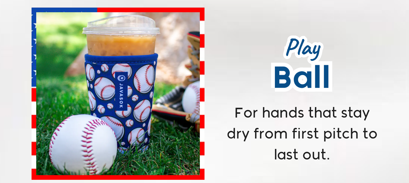 Baseball-themed insulated tumbler displayed on grass beside a baseball and glove outdoors.