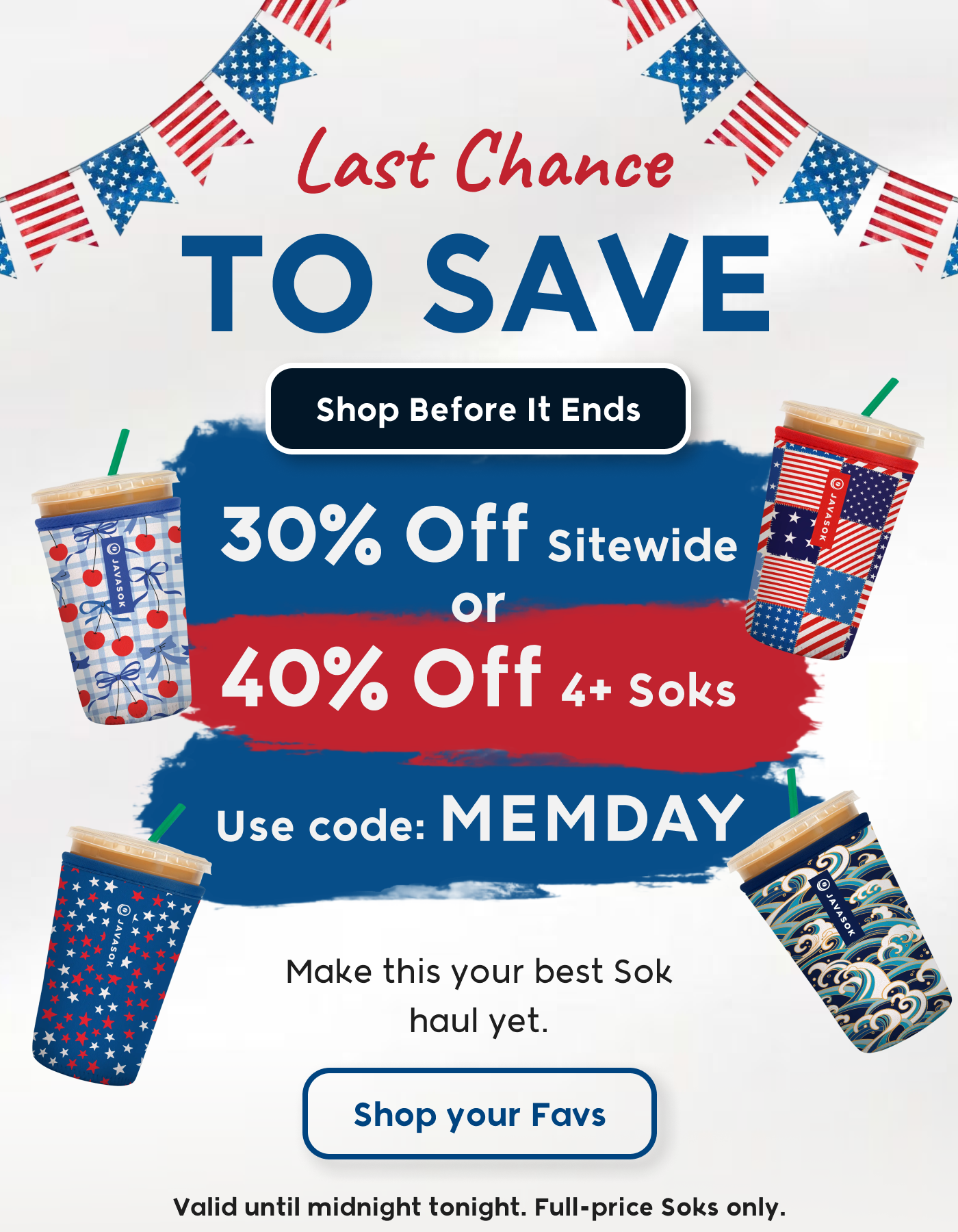 Patriotic summer sale banner with drinkware and Memorial Day discount offer.