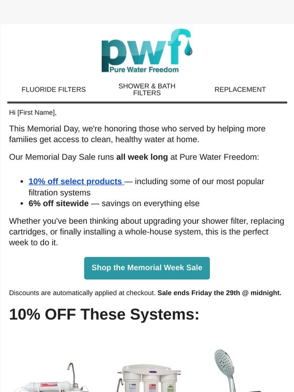 Memorial Week Fluoride & Shower Filter Sale!