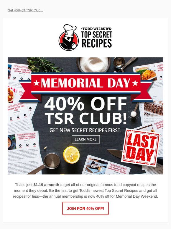 Last Day! 40% off TSR Club 🍔