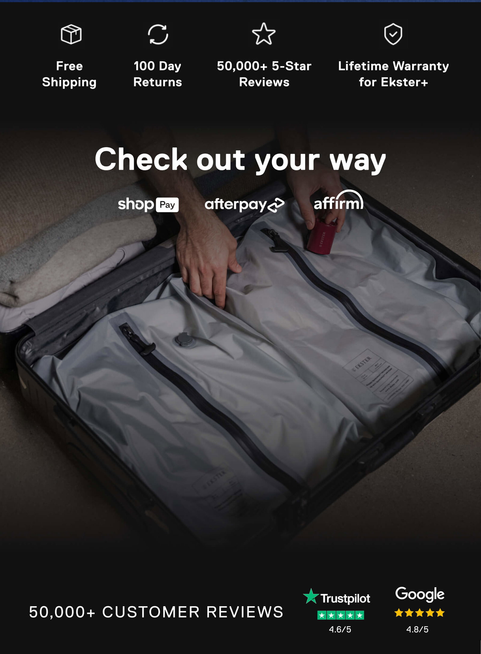 Free Shipping 100 Day Returns 50,000+ 5-Star Reviews Lifetime Warranty for Ekster+ Check out your way shopPay afterpay affirm 50,000+ CUSTOMER REVIEWS Trustpilot 4.6/5 Google 4.8/5