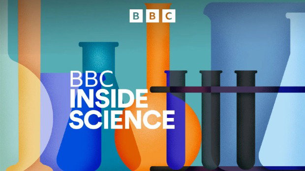 A graphic of colourful test tubes, beakers and flasks lined up. White text over the top reads “BBC Inside Science”. The BBC logo is in white at the top, and the Radio 4 logo is in the bottom right.