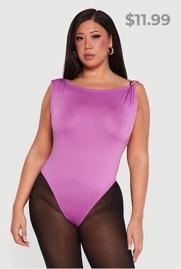 Shop Plus Size Boat Neck Cap Sleeve Bodysuit with Metallic Detail