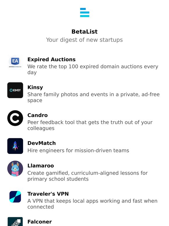 Expired Auctions, Kinsy, Candro, DevMatch, Llamaroo, and more
