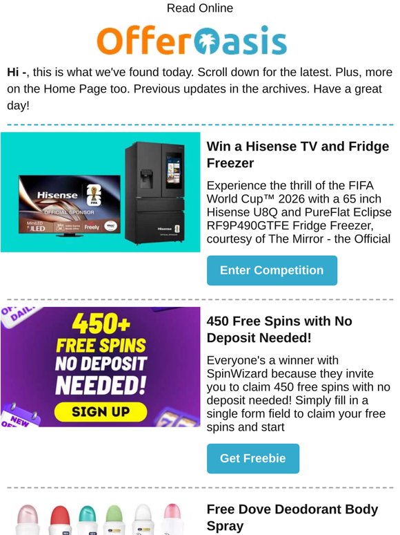 Free Dove Deodorant, Cheese & Butter, Hisense TV and Fridge Freezer