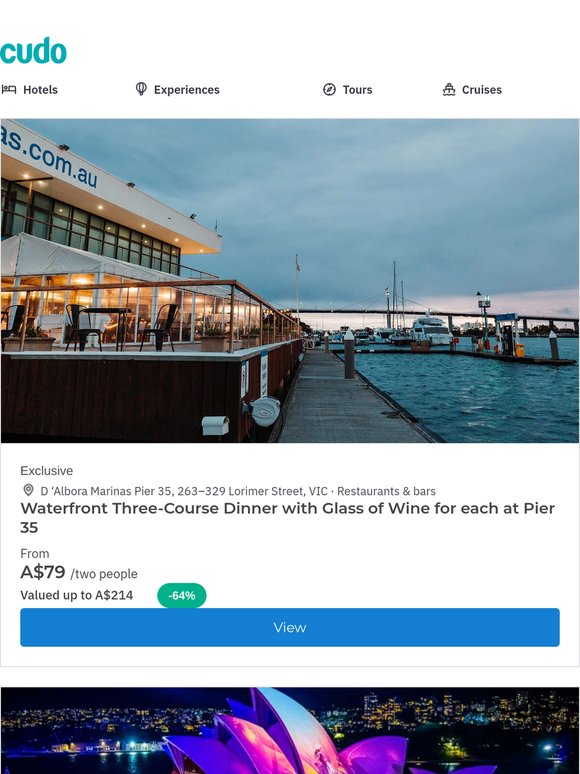 Three-Course Dinner for Two People w. Glass of Wine & Waterfront Views