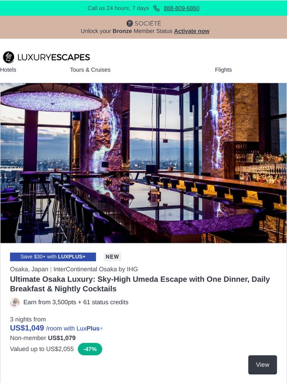 InterContinental Osaka Luxury w. Daily Breakfast & Nightly Drinks
