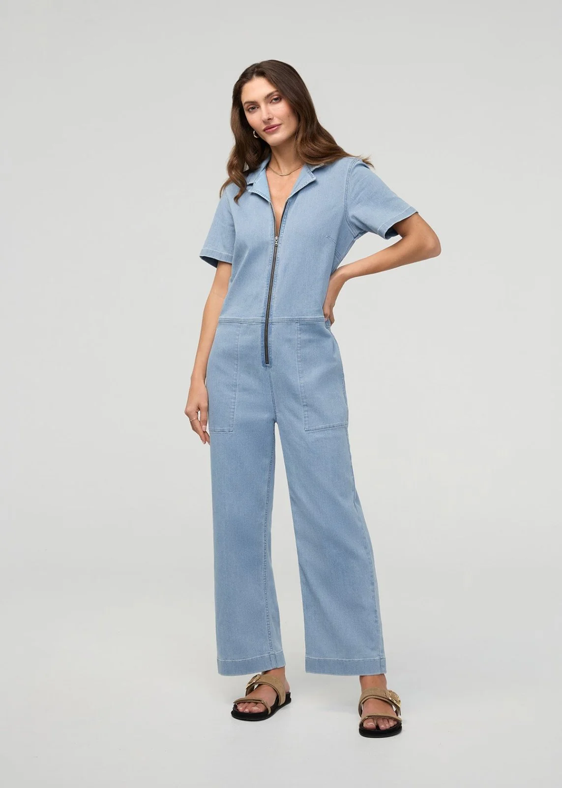 Image of Performance Denim Short Sleeve Jumpsuit - Desert Blue