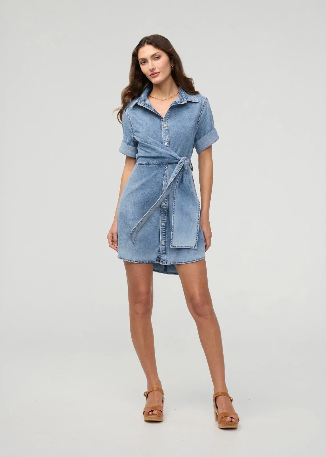 Image of Performance Denim Lite Wrap Shirt Dress - Light Stone