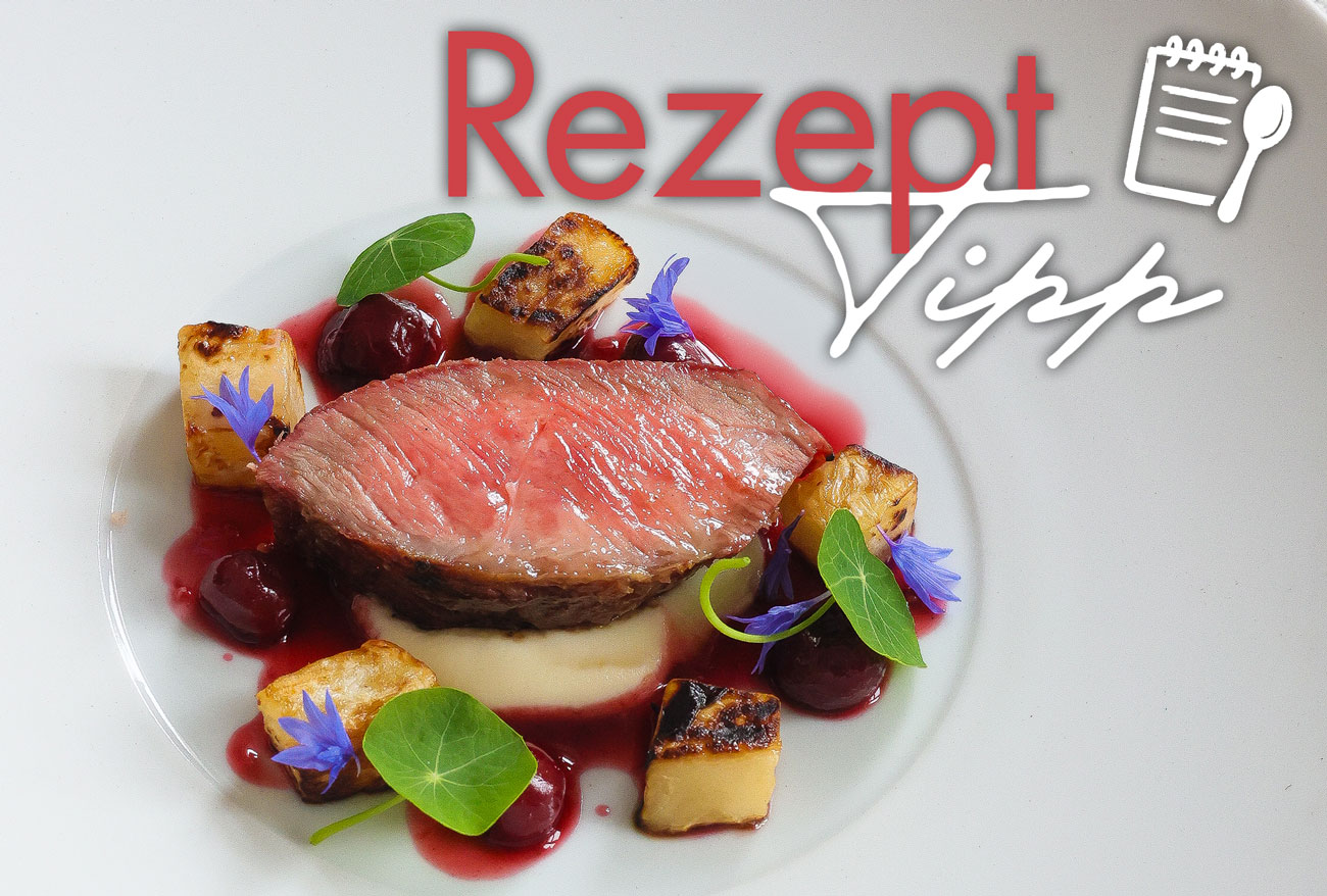 gegrillte Ibérico Presa mit Nebbiolo-Kirschen und zweierlei Sellerie