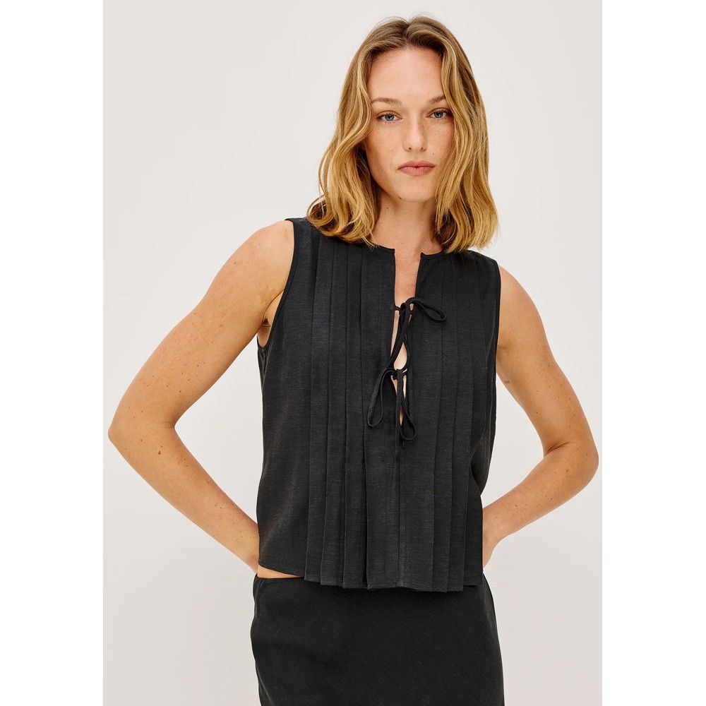 Image of Aja Pleated Tie Front Linen Top - Black