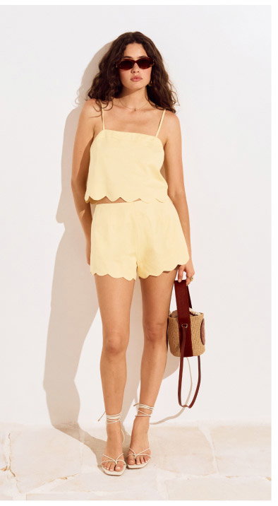 Butter Yellow Cotton Blend Scallop Hem Shorts