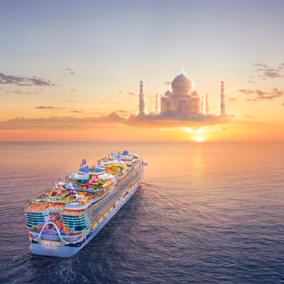 The Taj Mahal appearing in the clouds ahead of a Royal Caribbean cruise ship, linking to BA High Life site.