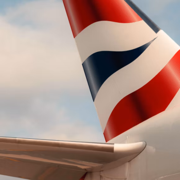The tailfin of an Airbus A350, linking to BA High Life site.