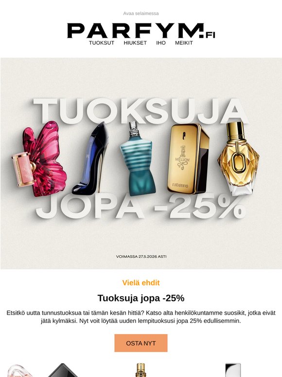 Vielä ehdit: tuoksuja jopa -25% JA 20 € ekstra-ale!