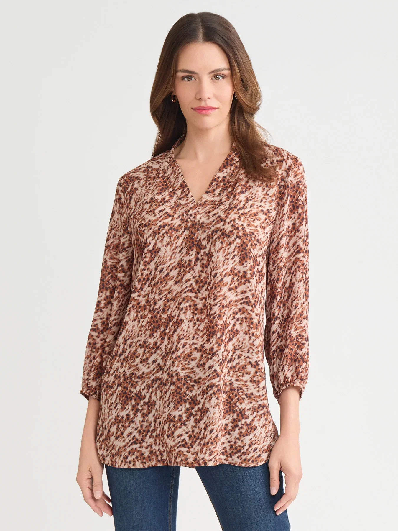Image of Printed V-Neck Pleated Kelly Blouse, Chiffon