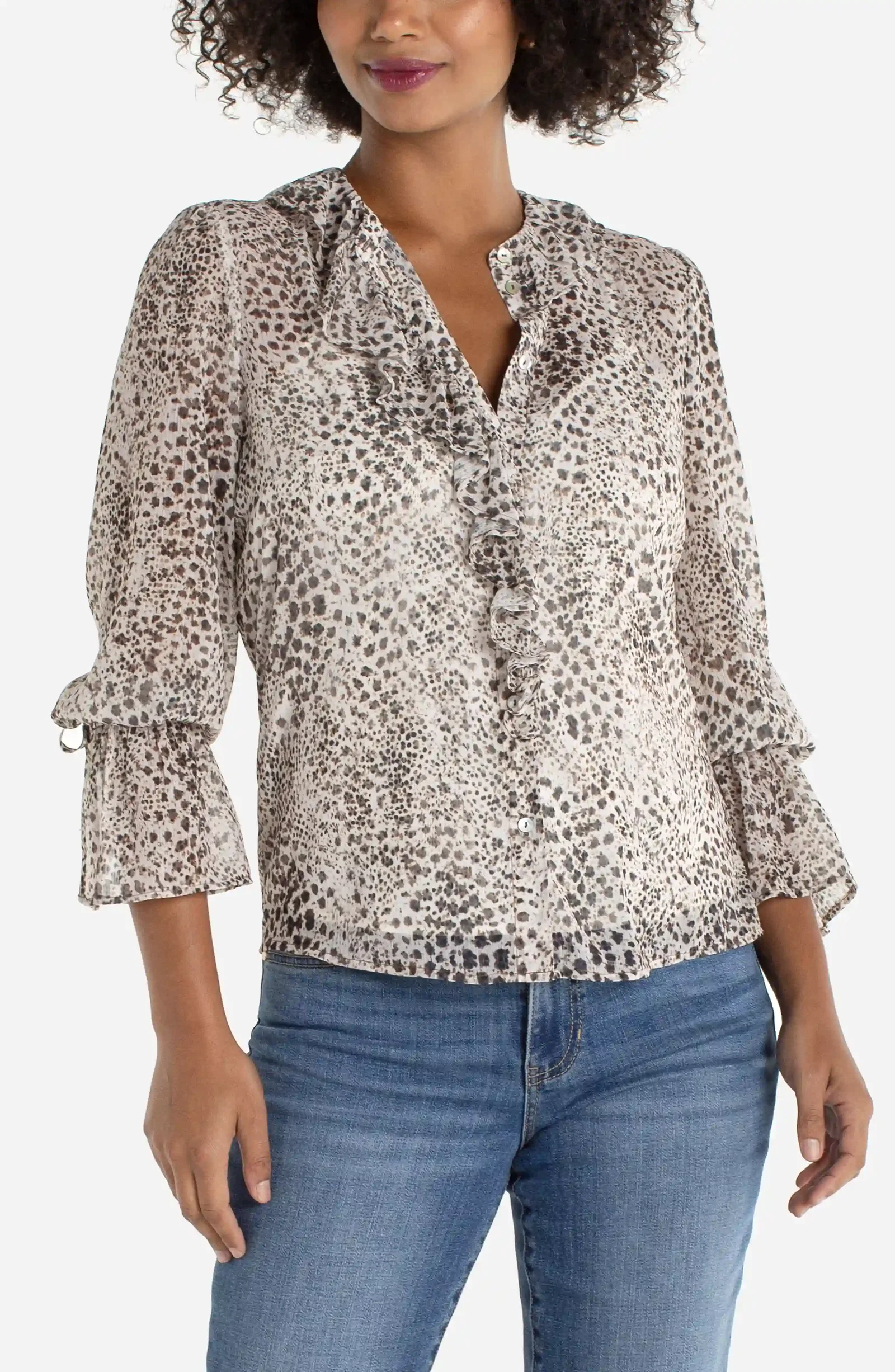 Image of LONG SLEEVE RUFFLE FRONT WOVEN SHIRT