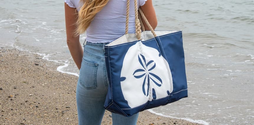 White on Navy Sand Dollar Large Tote