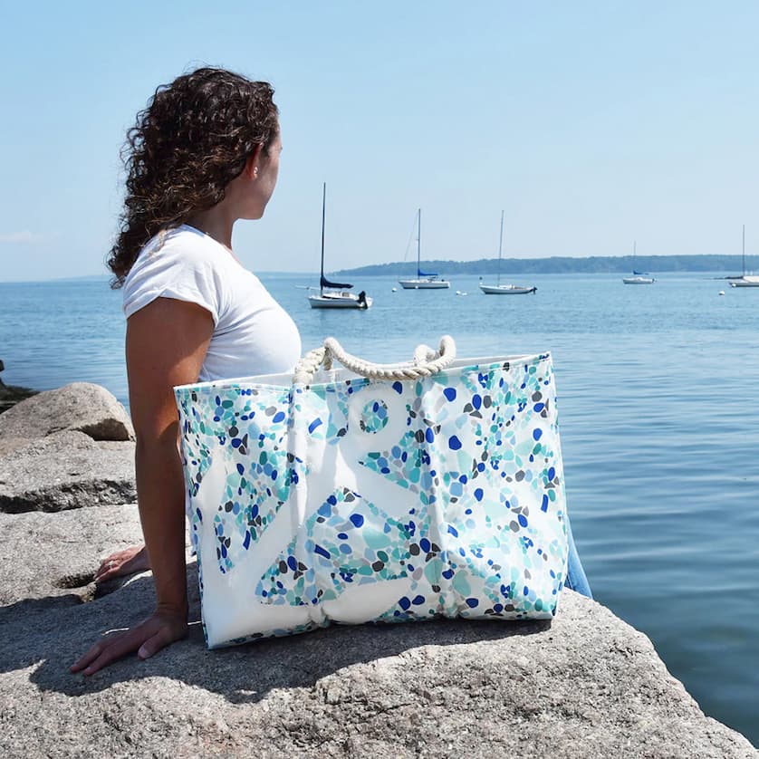 White Anchor on Sea Glass Large Tote