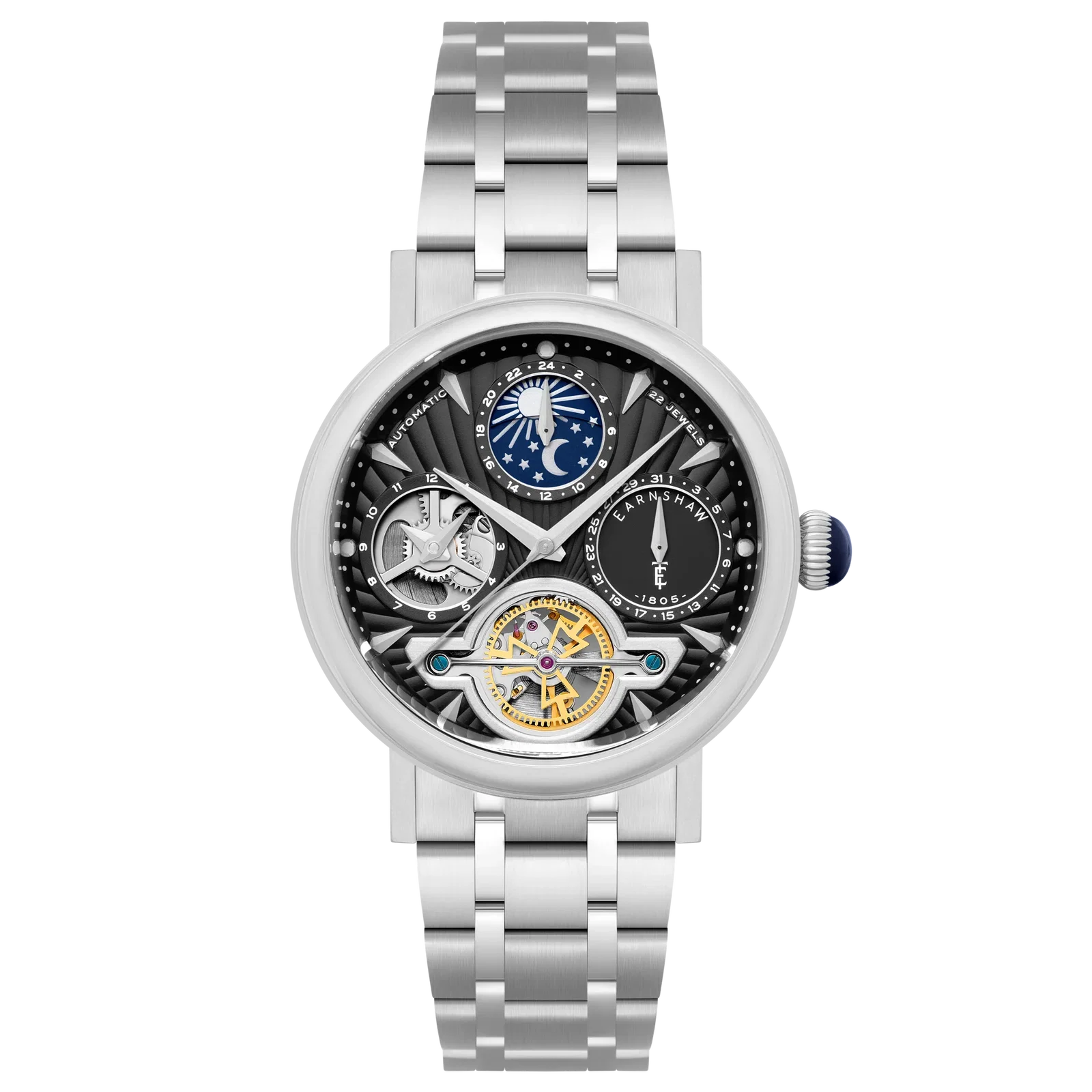 Image of Thomas Earnshaw Men's 42mm Beaufort Automatic Dual Time Moonphase Bracelet Watch