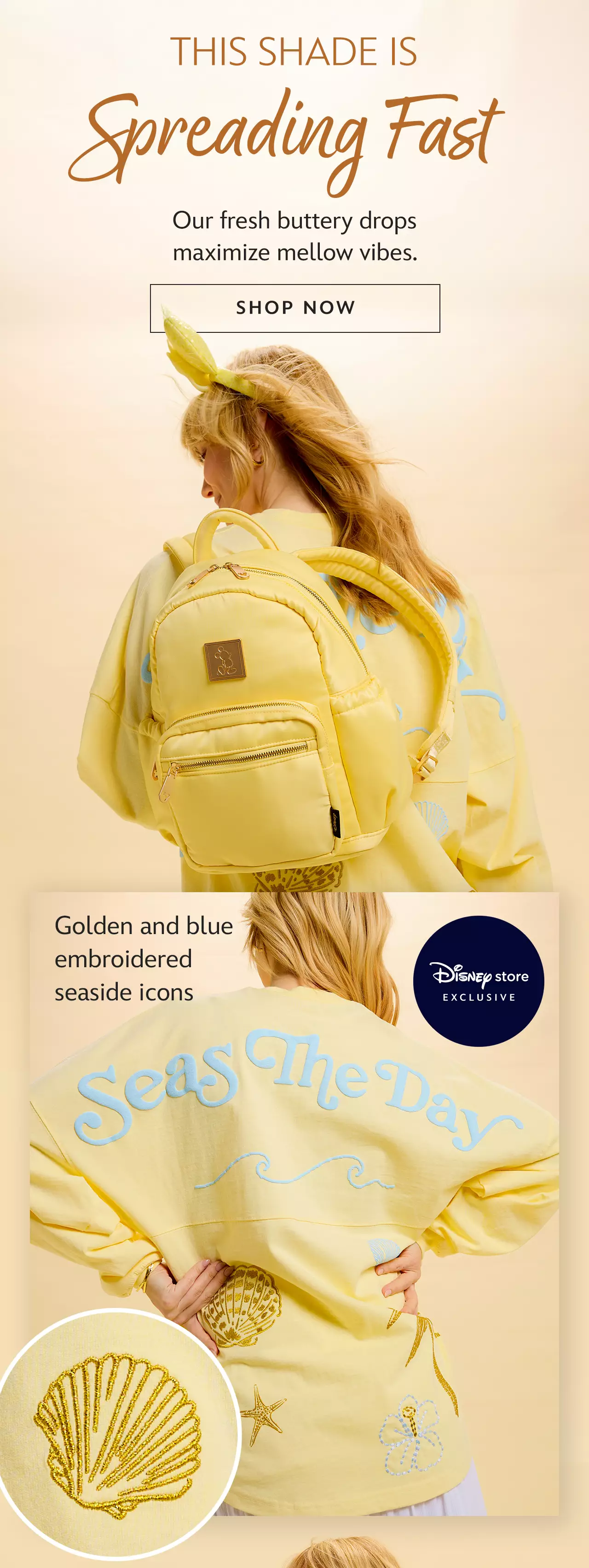 This Shade is Spreading Fast. Our fresh buttery drops maximize mellow vibes. | Shop Now. Golden and blue embroidered seaside icons.