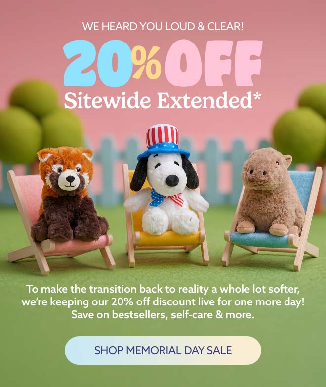 Red Panda, Americana Snoopy, and Capybara Warmies relaxing on backyard lounge chairs. Shop Memorial Day Sale.
