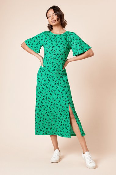 Green Floral Angel Sleeve Jersey Midi Dress