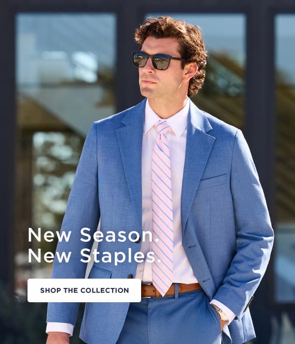 Man walks in Haggar suit with the text, "New Season, New Staples", Button says, "Shop the Collection"