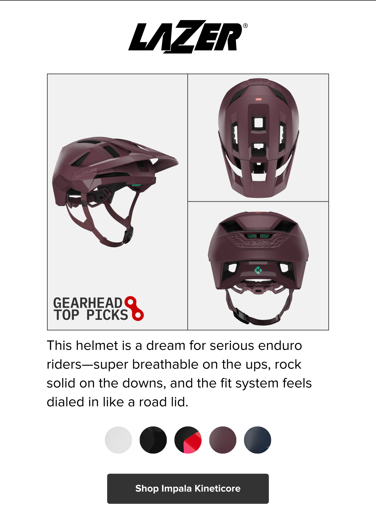 Lazer Impala Kineticore: This helmet is a dream for serious enduro riders—super breathable on the ups, rock solid on the downs, and the fit system feels dialed in like a road lid. Shop now ->