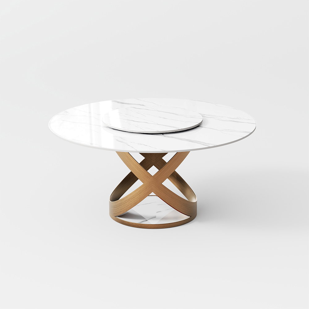 Image of Modern Round White Dining Table, Sintered Stone Tabletop with Black X Carbon Steel Base