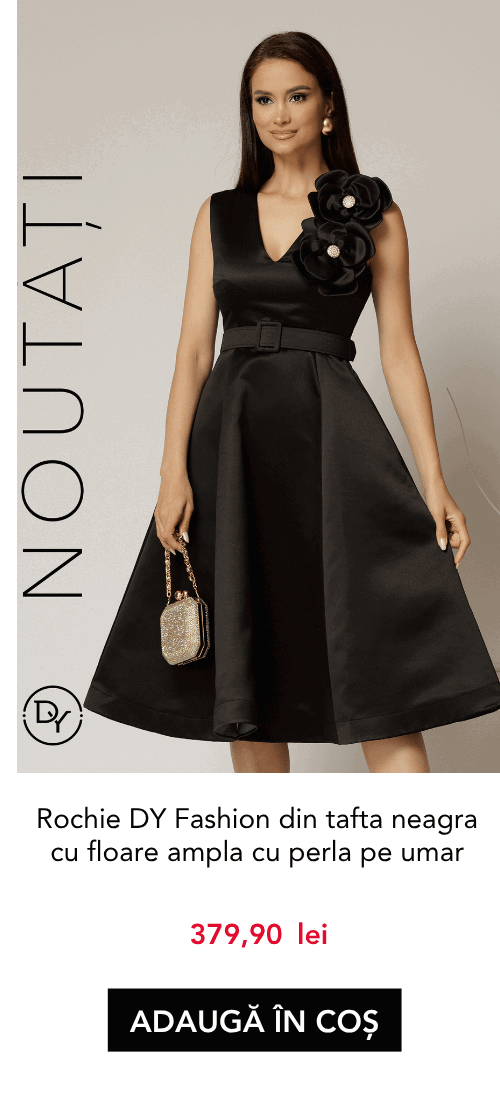 Rochie DY Fashion din tafta neagra cu floare ampla cu perla pe umar