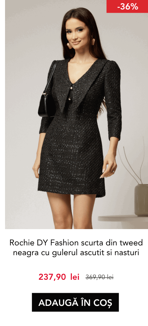 Rochie DY Fashion scurta din tweed neagra cu gulerul ascutit si nasturi la bust