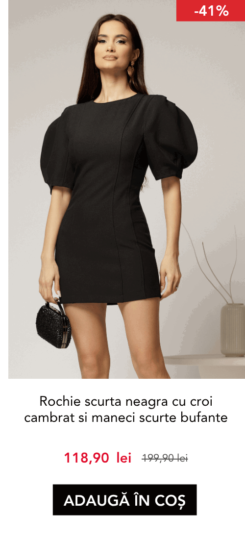 Rochie scurta neagra cu croi cambrat si maneci scurte bufante