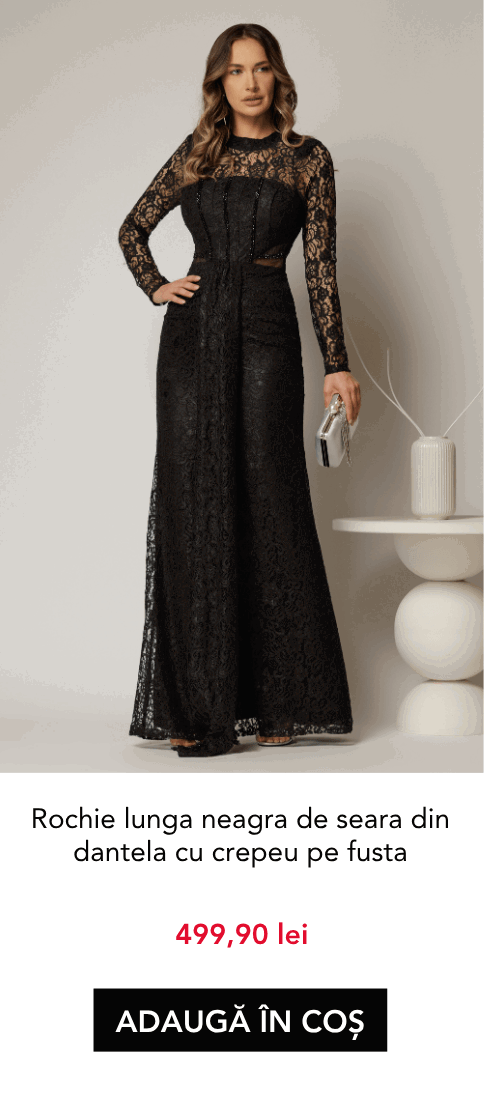 Rochie lunga neagra de seara din dantela cu crepeu pe fusta