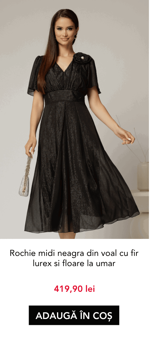 Rochie midi neagra din voal cu fir lurex si floare la umar
