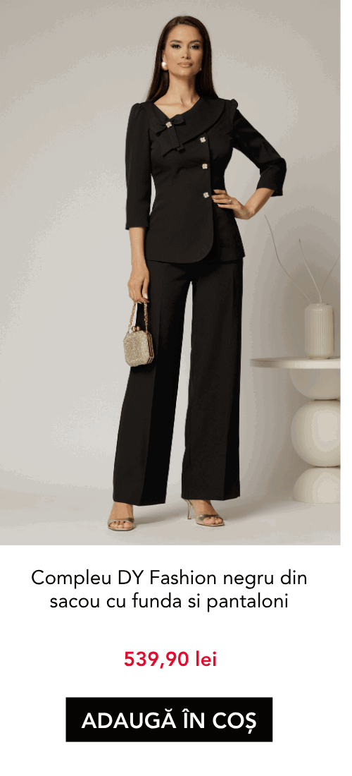Compleu DY Fashion negru din sacou cu funda si nasturi perla si pantaloni
