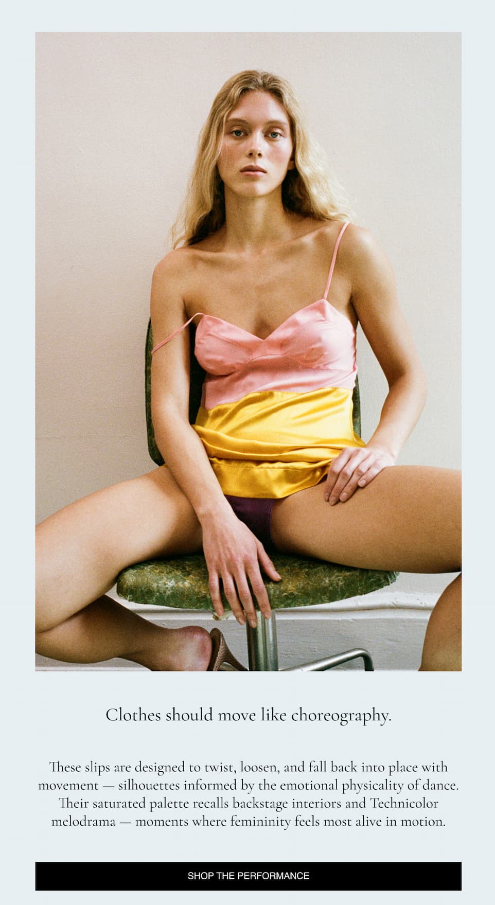 Araks' Holly silk slip in soft pink and vivid yellow.