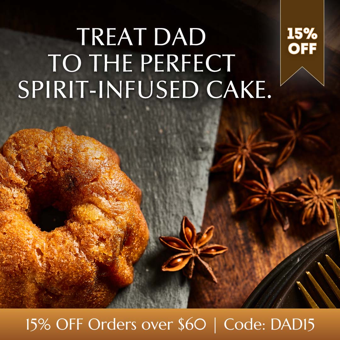 Father's Day promotional image featuring close up of a rich, moist spirit cake.