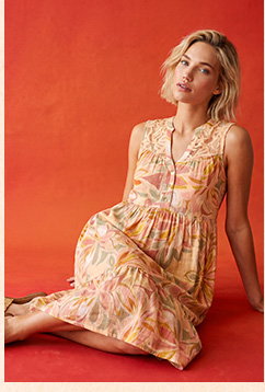 Peach Leaf Print Lace Detail Smock Dress