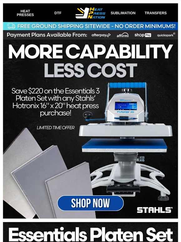 Stahls’ Promo: Save $220 On Essential Platens