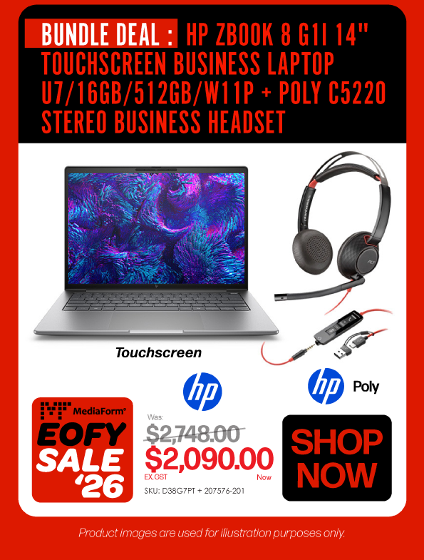 Shop Now: Bundle HP ZBook 8 G1i 14" Touchscreen Business Laptop + Poly C5220 Stereo Headset - Was $2748, Now $2090 Ex GST