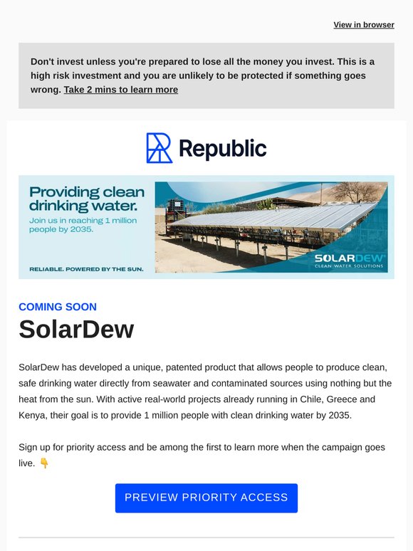 Tapping into the growing €7B water scarcity market with their patented solar desalination solution: SolarDew is Coming to Republic Europe