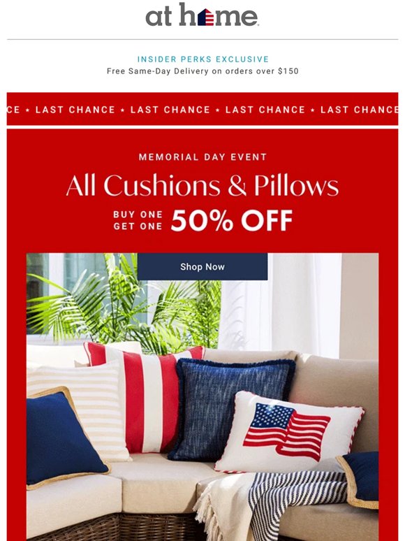 It ends today! BOGO 50% off ALL Outdoor Cushions & Pillows