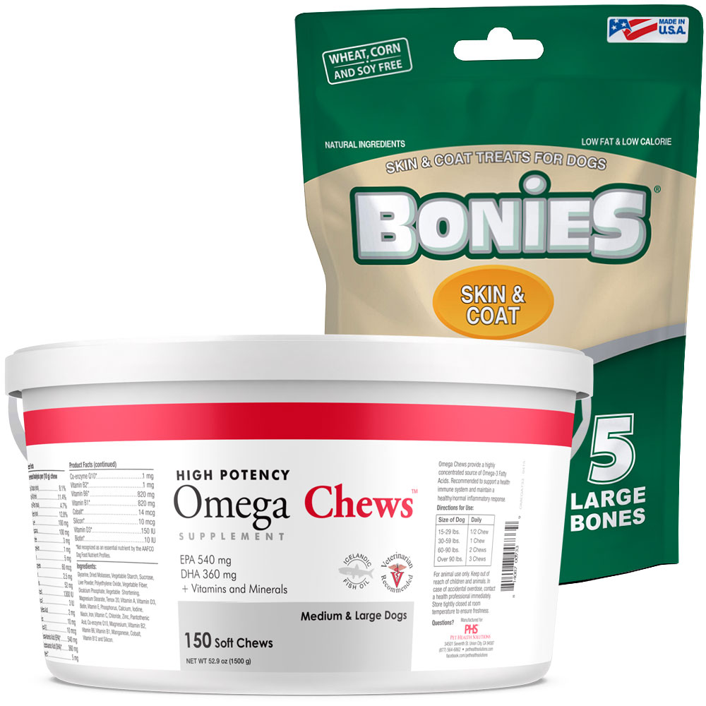 Image of Omega Chews for Medium & Large Dogs (150 Soft Chews) + FREE BONIES Skin & Coat Health Multi-Pack LARGE (5 Bones)