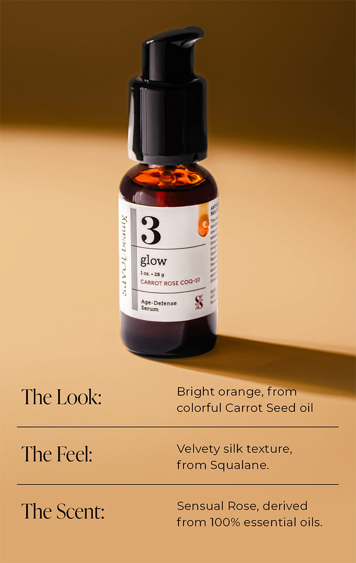 The Look: Bright orange, from colorful carrot seed oil  The Feel: Velvety silk texture, from squalene.  The Scent: Sensual rose, derived from 100% essential oils.