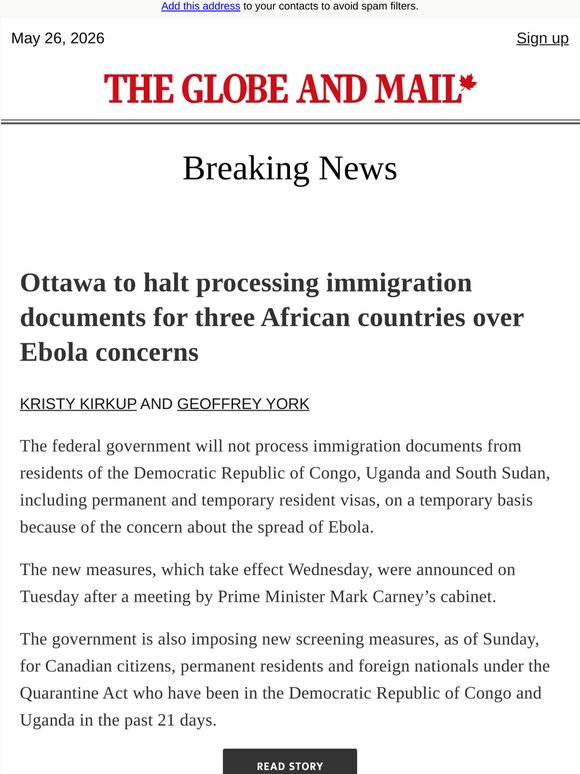 Breaking News: Ottawa to halt processing immigration documents for three African countries over Ebola concerns