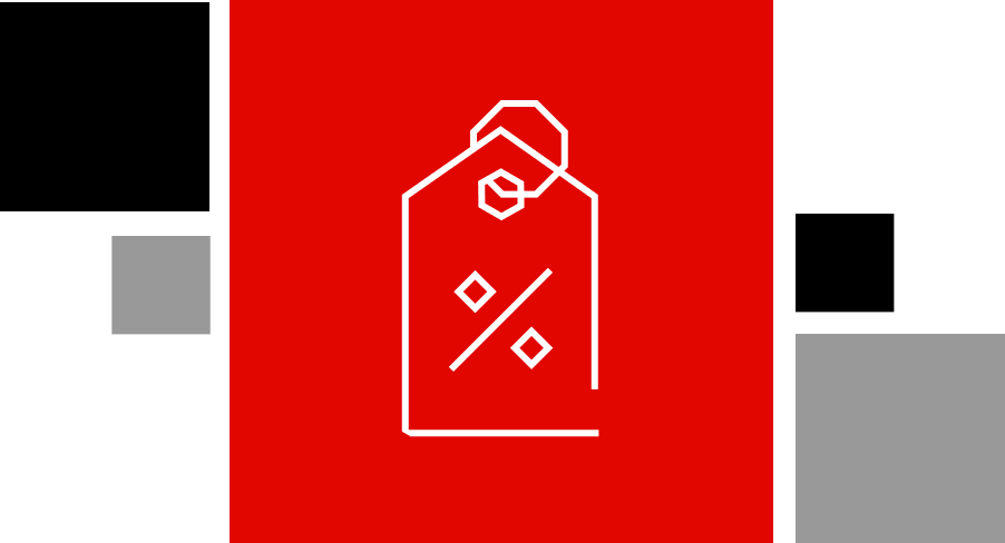 Red square with a white line drawing of a tag icon, featuring a percentage symbol, indicating a promotion.