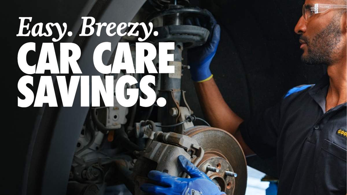 Easy. Breezy. Car Care Savings | GAS technician inspecting car brakes