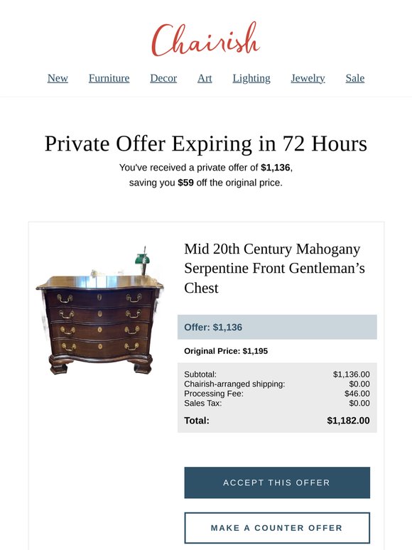 You have a private offer from a seller on Mid 20th Century Mahogany Serpentine Front Gentleman’s Chest
