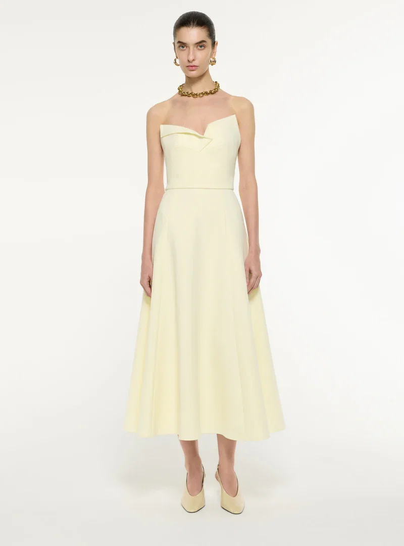 STRAPLESS DRAPE CREPE MIDI DRESS